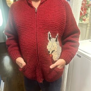 Red Hand knitted sweater from Native Alaska!Wolf design